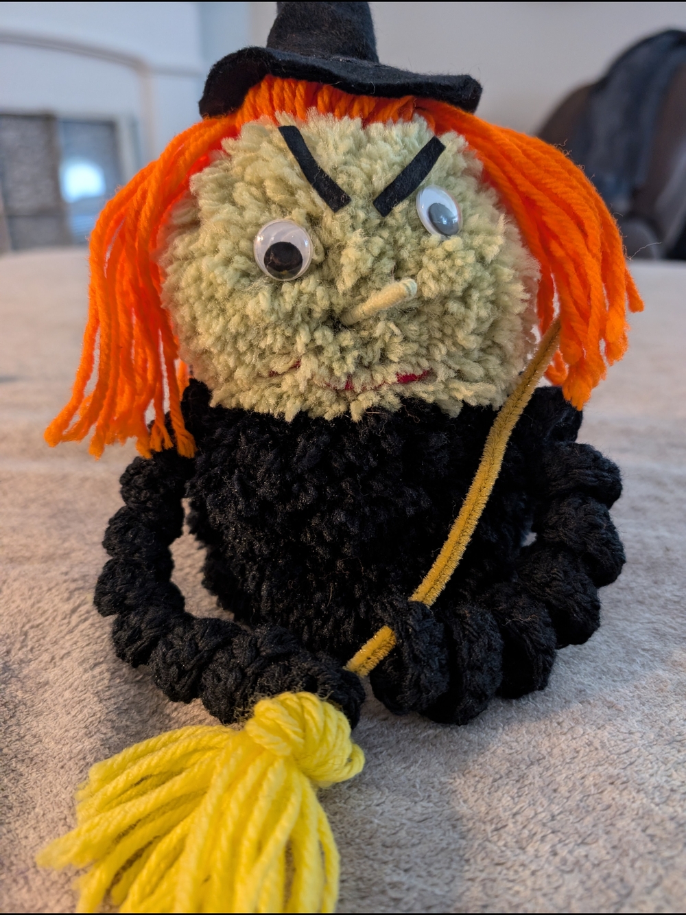 Rare Vintage Handmade Orange & Black Witch Pom-Pom Holiday Decoration
